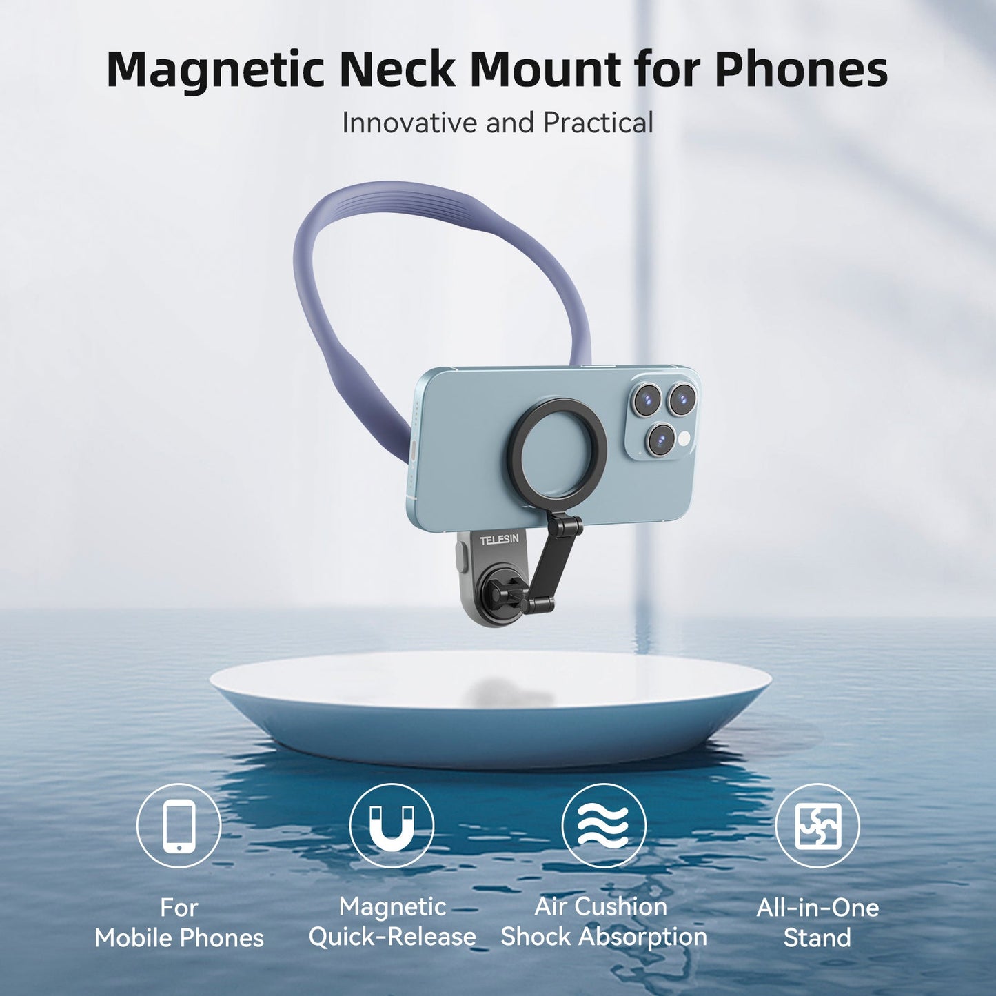 Supporto magnetico per collo con sgancio rapido e assorbimento degli urti per telefono cellulare