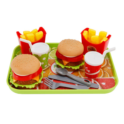 Set da cucina giocattolo per bambini con hamburger, waffle, patatine fritte, bevande e cibo finto.