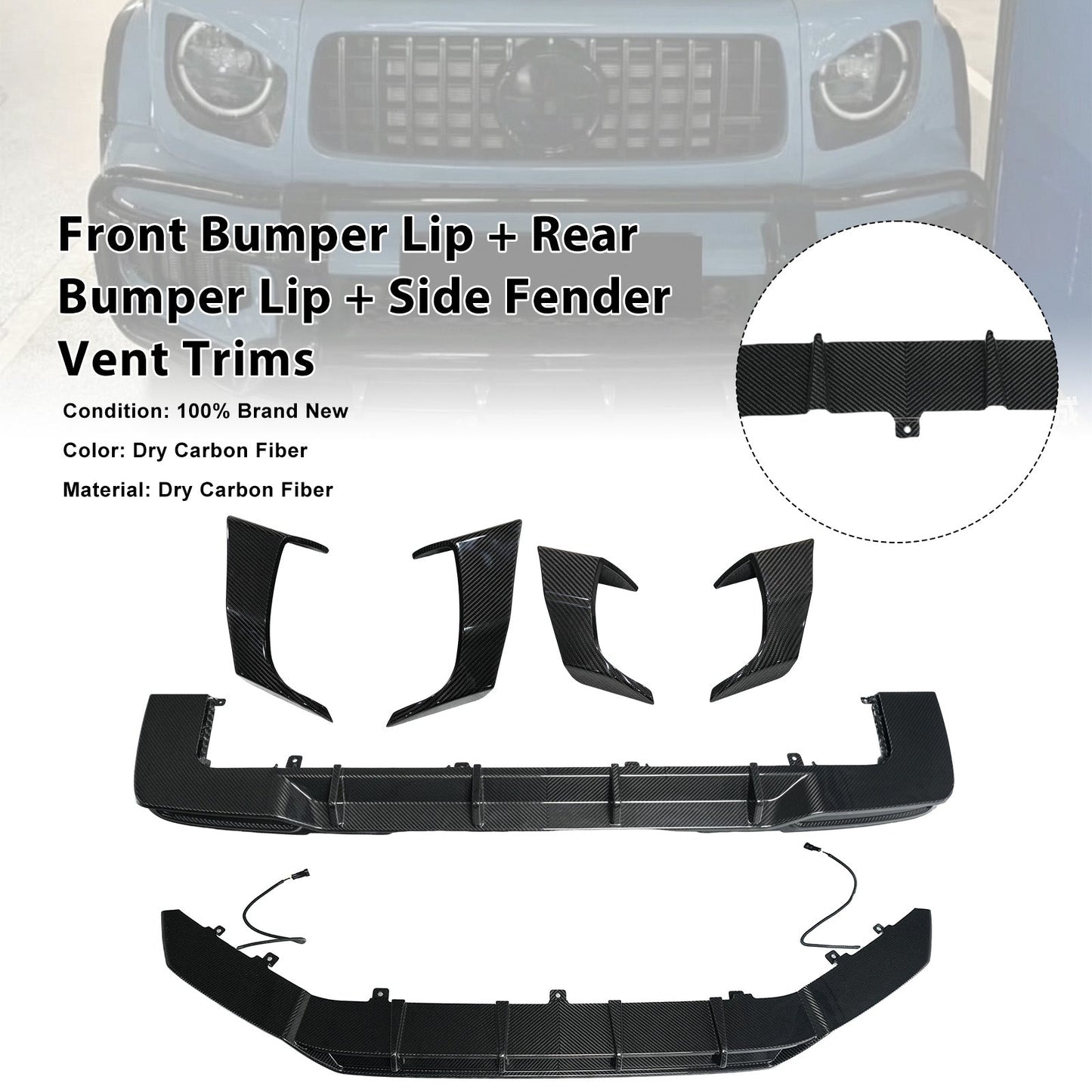 Spoiler anteriore e posteriore in fibra di carbonio a secco + prese d'aria laterali per Mercedes Classe G W465 2025+