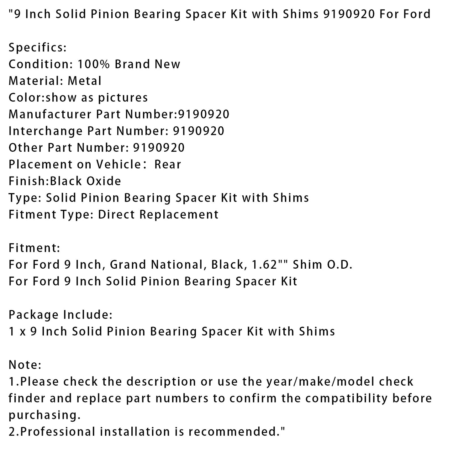 Kit distanziale per cuscinetto pignone pieno da 9 pollici con spessori 9190920 per Ford