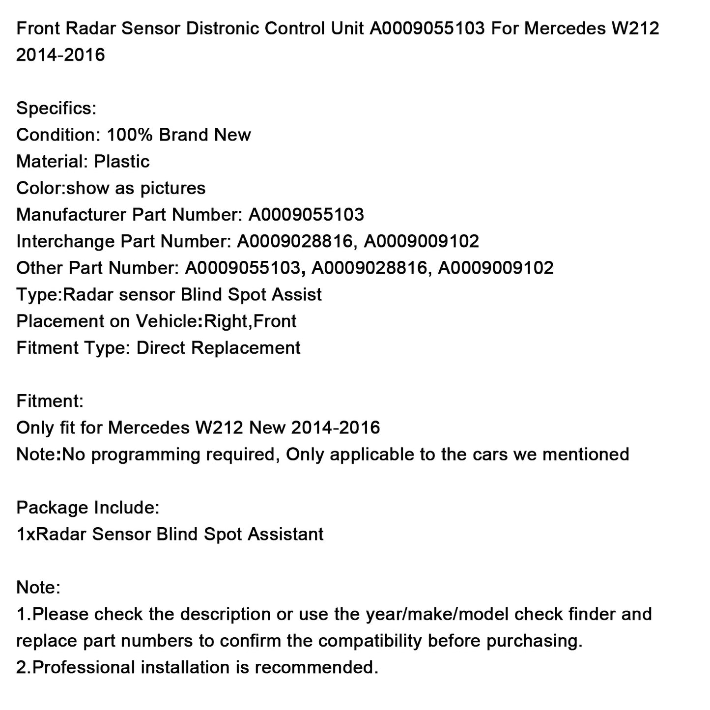 Unità di controllo del sensore radar anteriore Mercedes W212 2014-2016 A0009055103 A0009028816 A0009009102