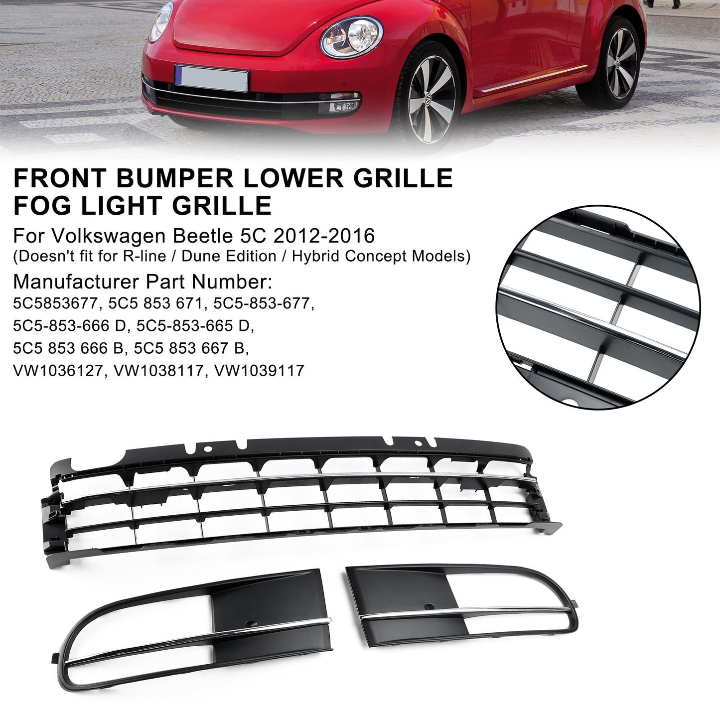 Maggiolino VW 2012-2016 con griglia inferiore paraurti anteriore + griglia fendinebbia cromata