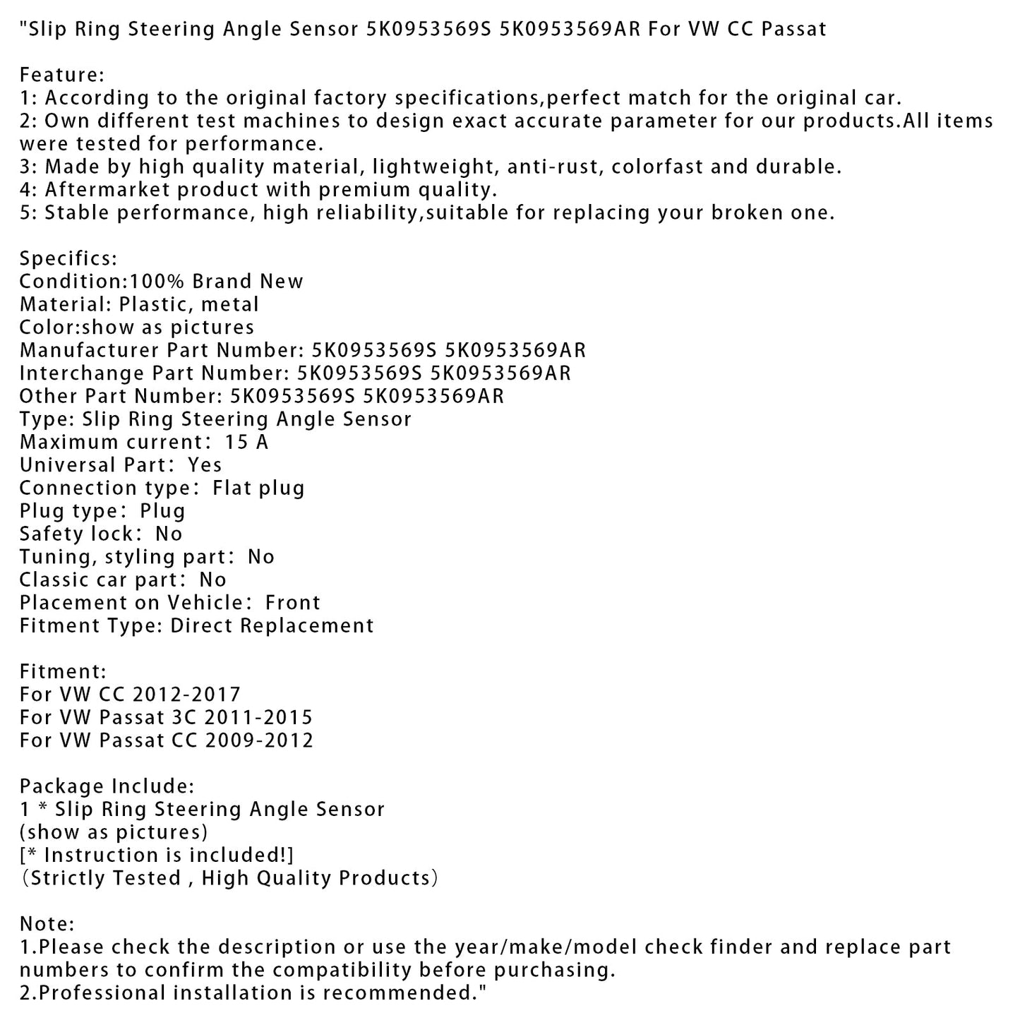 Sensore angolo sterzo ad anello scorrevole 5K0953569S 5K0953569AR per VW CC Passat