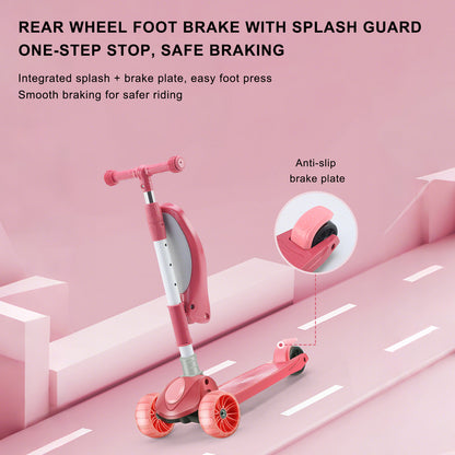 2-in-1 bambini scooter pieghevole seduta luce 3 ruote regolabile pieghevole barra blu/rosa