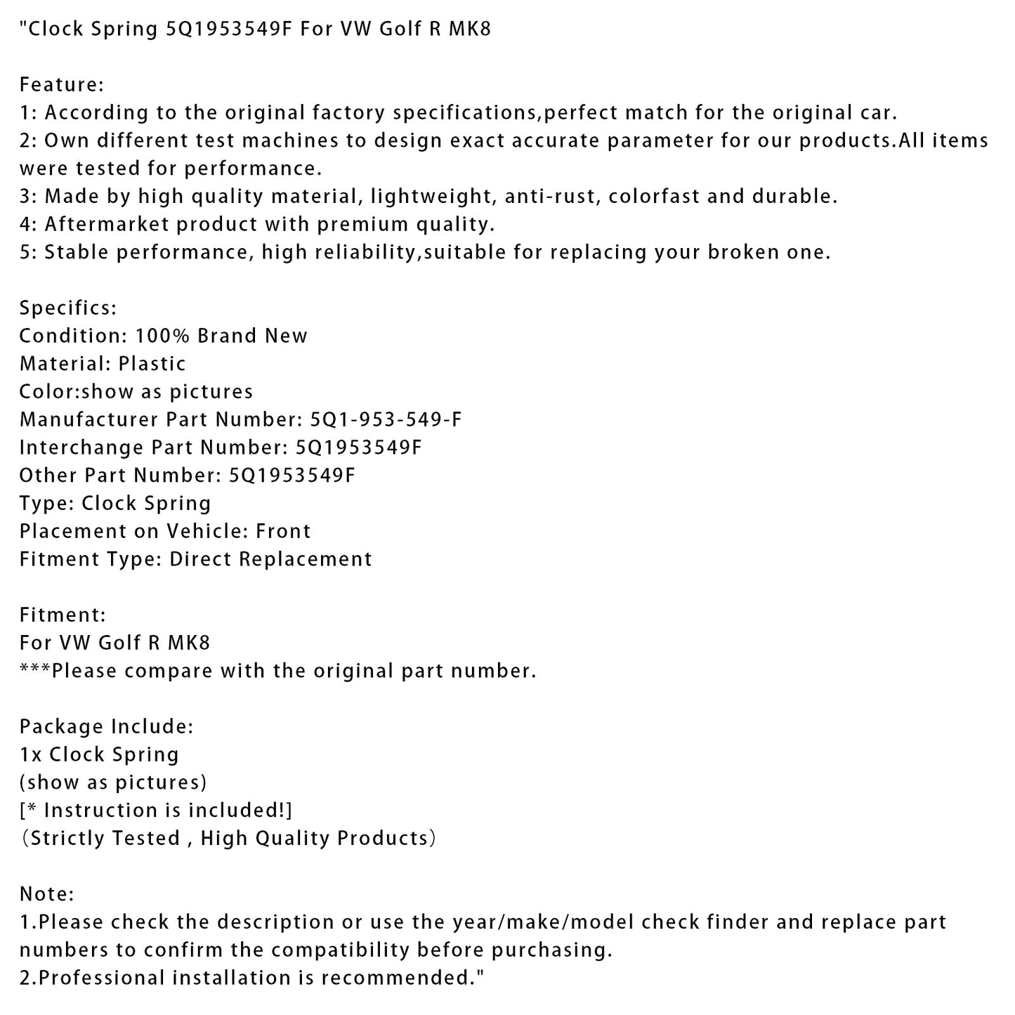 Molla dell'orologio VW Golf R MK8 5Q1953549F