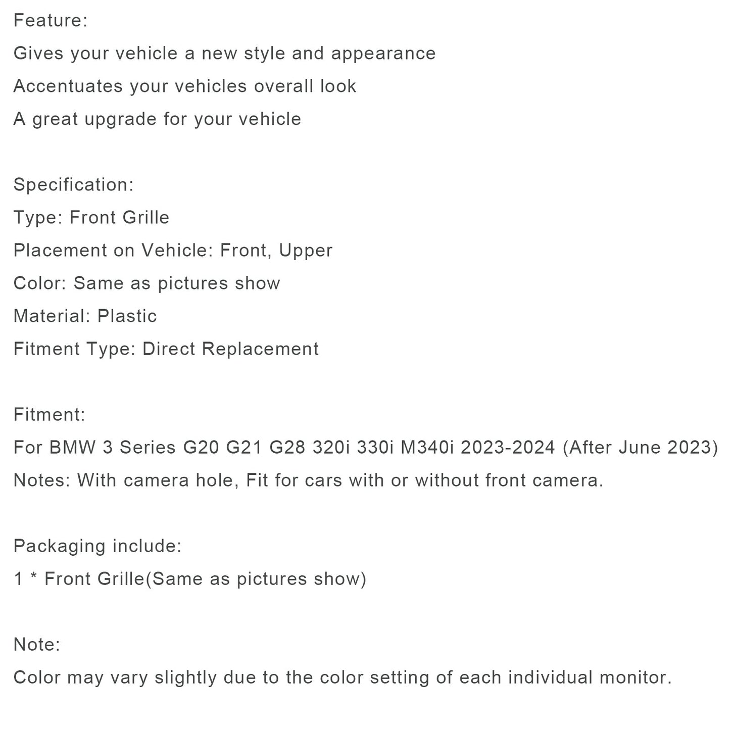 Griglia a rene anteriore nera lucida per BMW Serie 3 G20 G21 G28 320i 330i M340i 2023-2024