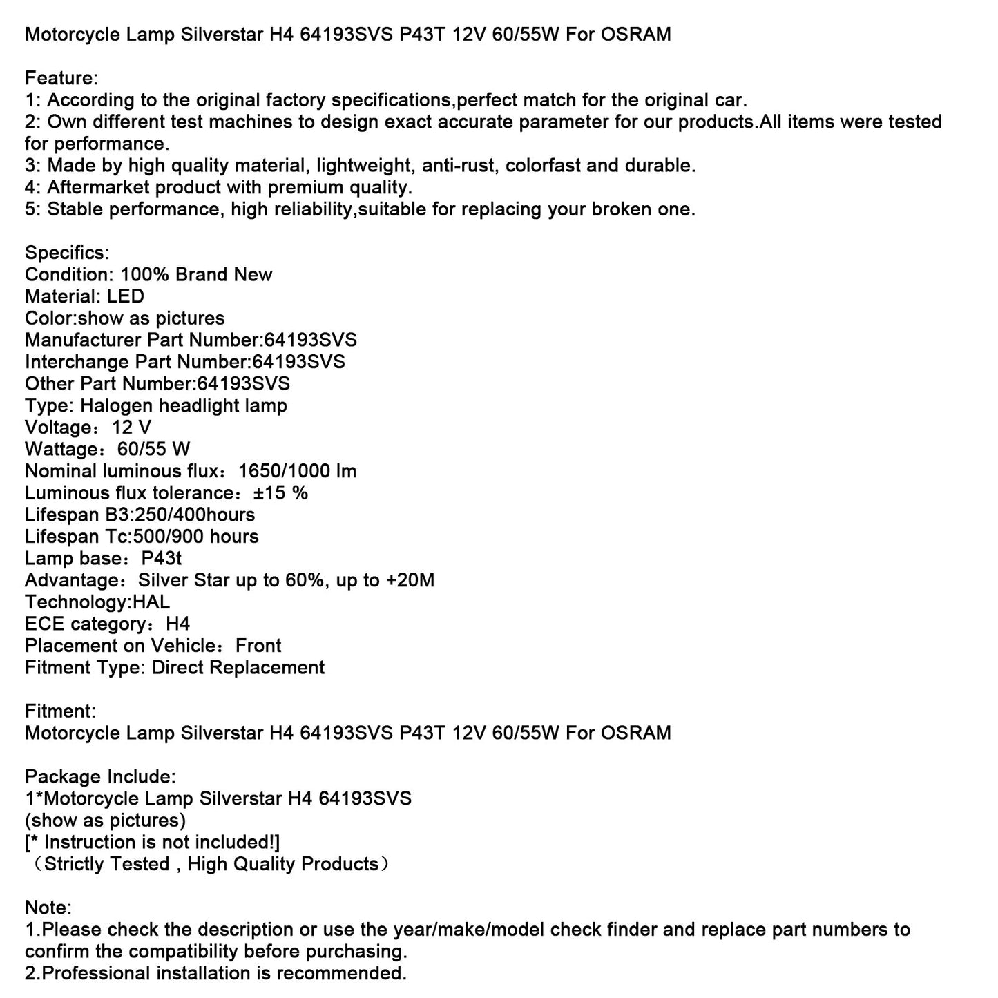 Lampada per moto Silverstar H4 64193SVS P43T 12V 60/55W per OSRAM