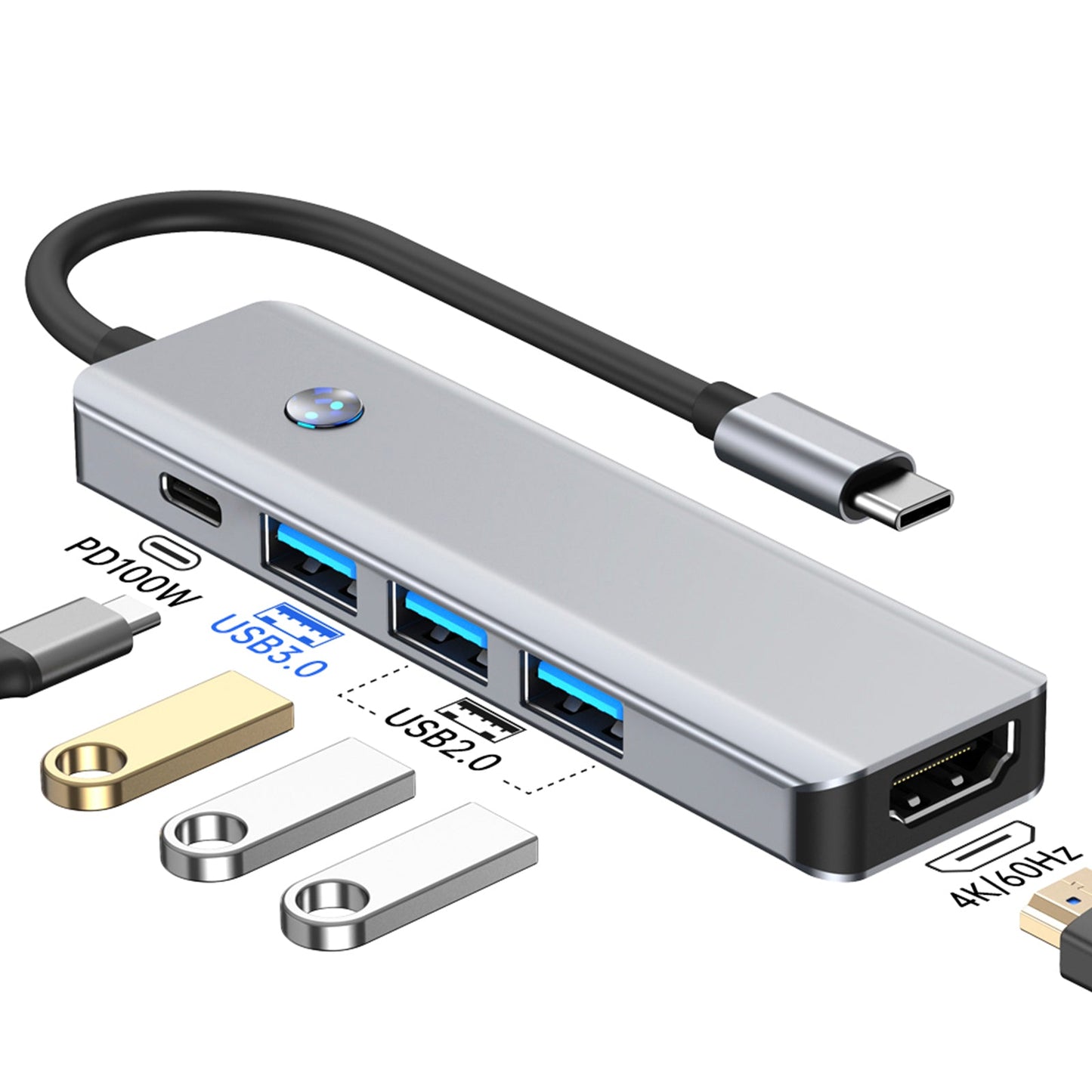 Adattatore hub con interfaccia 5 in 1 TYPE-C+USB3.0*1+USB2.0*2+HDMI+PD100W per MacBook