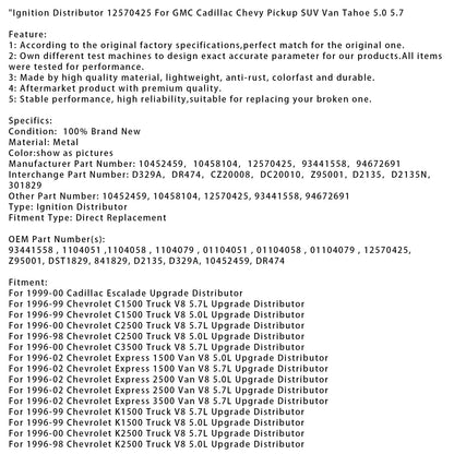 Distributore di accensione aggiornato GMC Suburban K1500 V8 5.7L 1996-1999 12570425