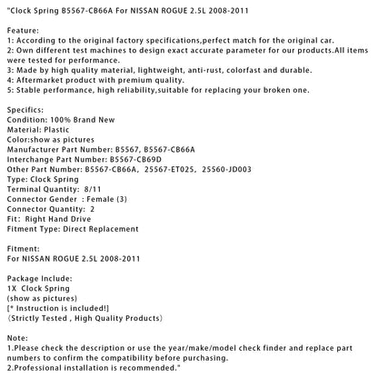 Molla dell'orologio NISSAN ROGUE 2.5L 2008-2011 B5567-CB66A B5567-CB69D 25560-JD003