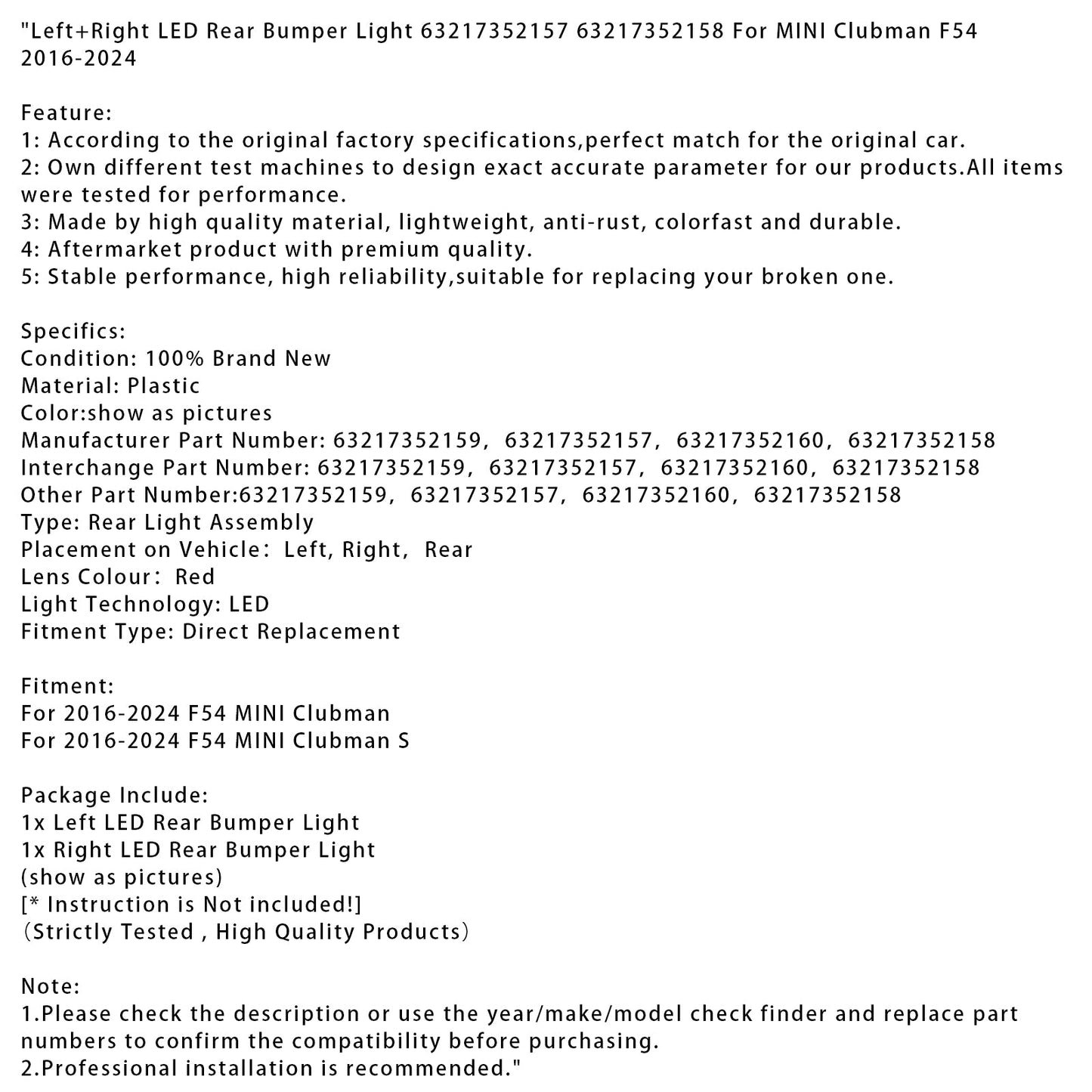 Luce paraurti posteriore a LED sinistra+destra MINI Clubman F54 2016-2024 63217352157 58