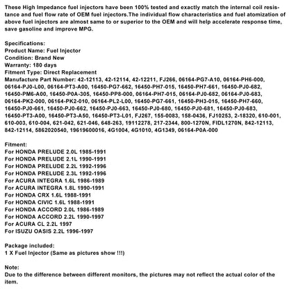 1 iniettore di carburante 06164-P0A-000 adatto per Honda Accord Prelude Civic 1990-1997