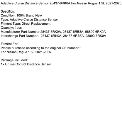 Sensore di distanza di crociera adattivo Nissan Rogue 1.5L 2021-2025 28437-6RK0A 28437-6RB8A