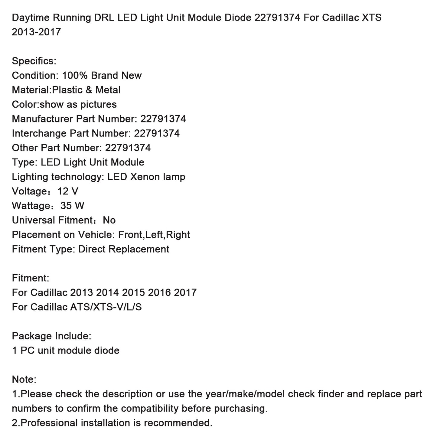 Modulo luce diurna DRL Cadillac XTS 2013-2017, diodo 22791374