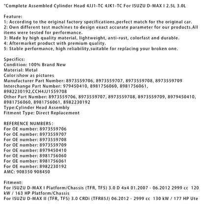 06.2012-up ISUZU D-MAX II (TFR, TFS) 3.0 CRDi (TFR85J) Testata cilindro completamente assemblata 4JJ1-TC 4JK1-TC