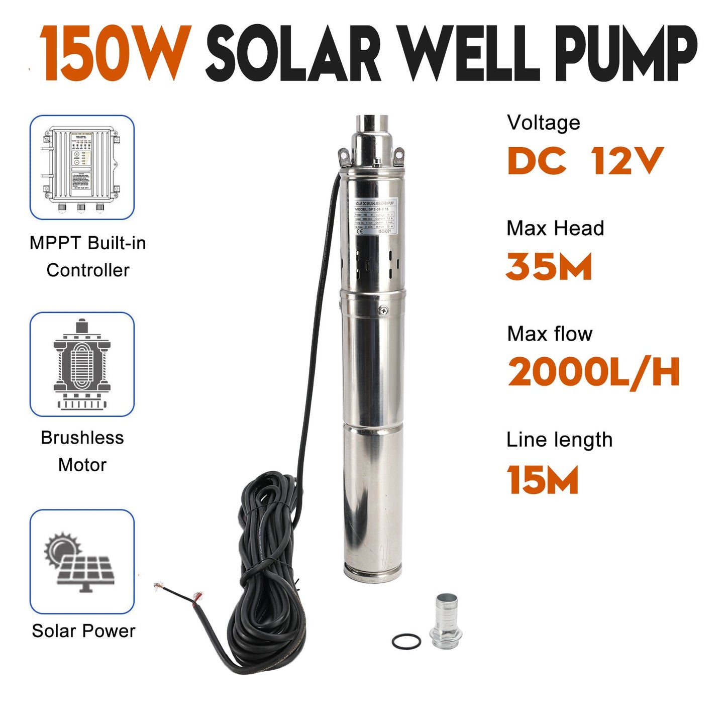 Pompa ad acqua sommergibile solare del foro del pozzo profondo di 3" 12V 150W MPPT incorporato
