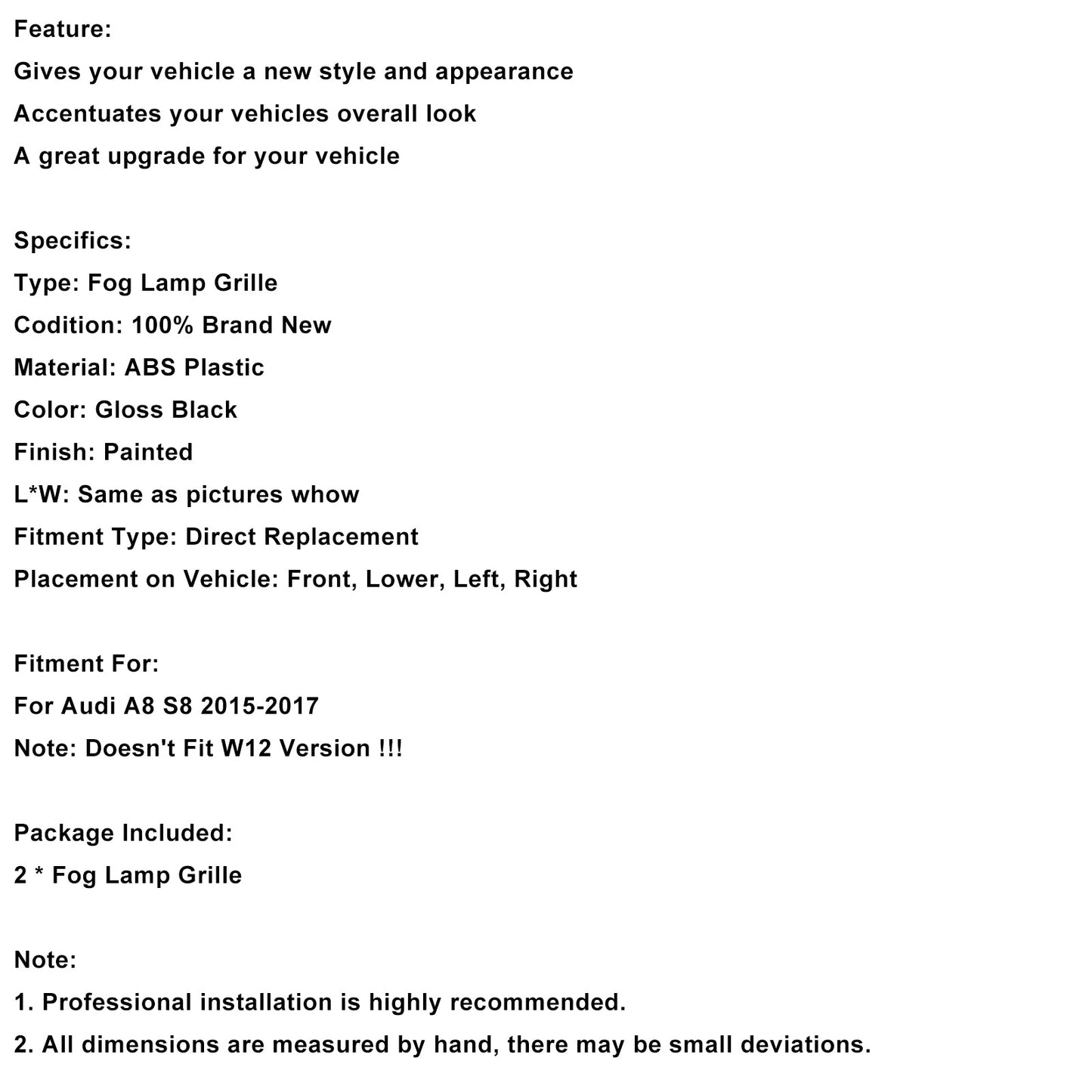 Griglia fendinebbia anteriore nera Audi A8 S8 2015-2017, 2 pezzi