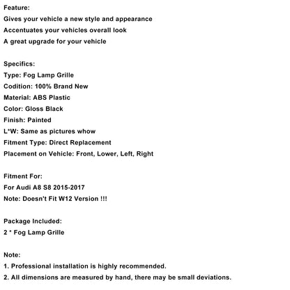 Griglia fendinebbia anteriore nera Audi A8 S8 2015-2017, 2 pezzi