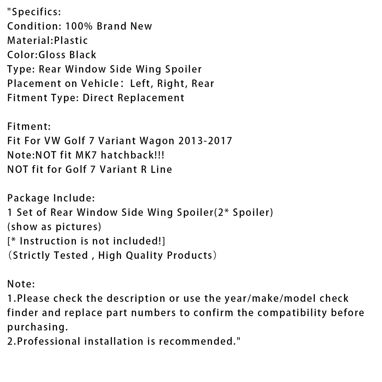 Spoiler laterali per lunotto posteriore, colore nero lucido, per VW Golf 7 Variant Wagon 2013-2017