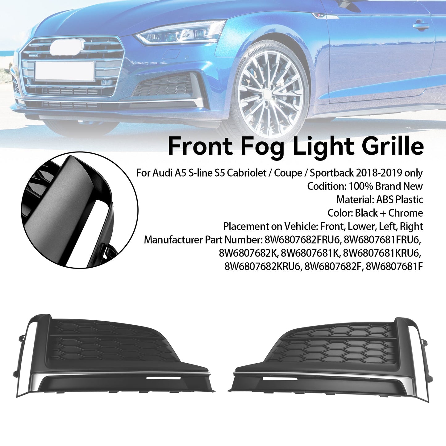 2018-2019 Audi A5 S-Line S5 Cabriolet/Coupé/Sportback Paraurti anteriore Fendinebbia Griglia di copertura Trim 2 pezzi