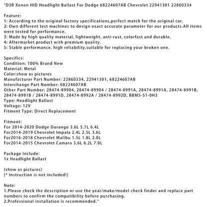 Centralina fari HID allo xeno D3R Chevrolet Malibu 1.5L 1.8L 2.0L 2016-2018 68224607AB 22941301 22860334