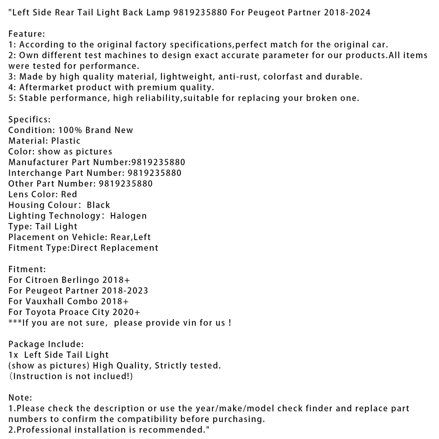 Fanale posteriore sinistro 9819235880 per Peugeot Partner 2018-2024