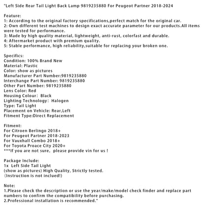 Fanale posteriore sinistro 9819235880 per Peugeot Partner 2018-2024