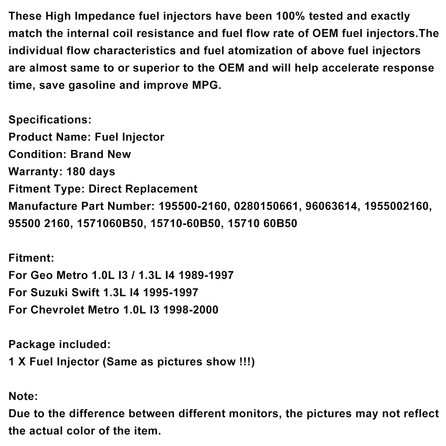 1 pz Iniettore carburante 0280150661 Adatto a Geo Metro Adatto a Suzuki Swift 1.0L 195500-2160