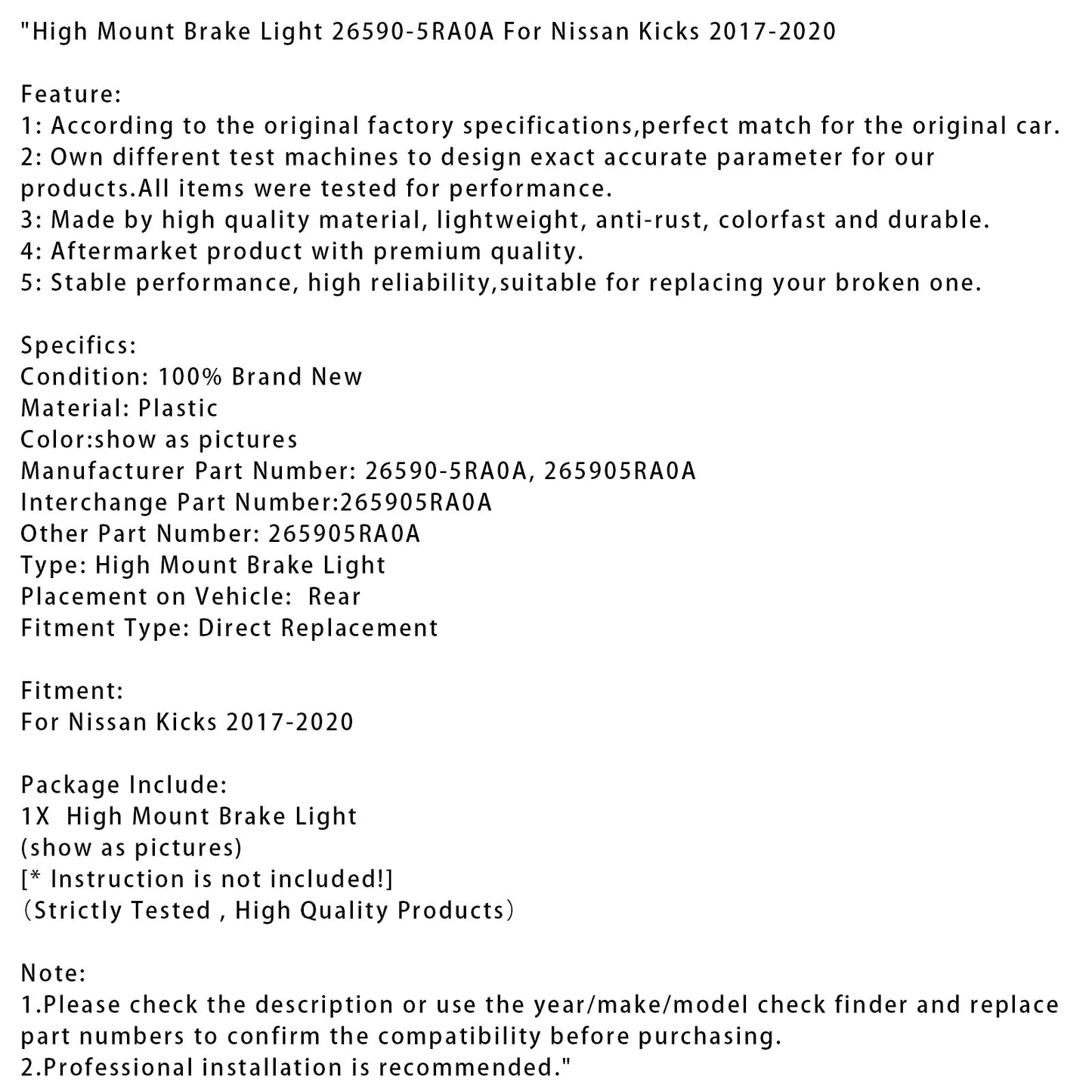 Luce freno alta Nissan Kicks 2017-2020 26590-5RA0A