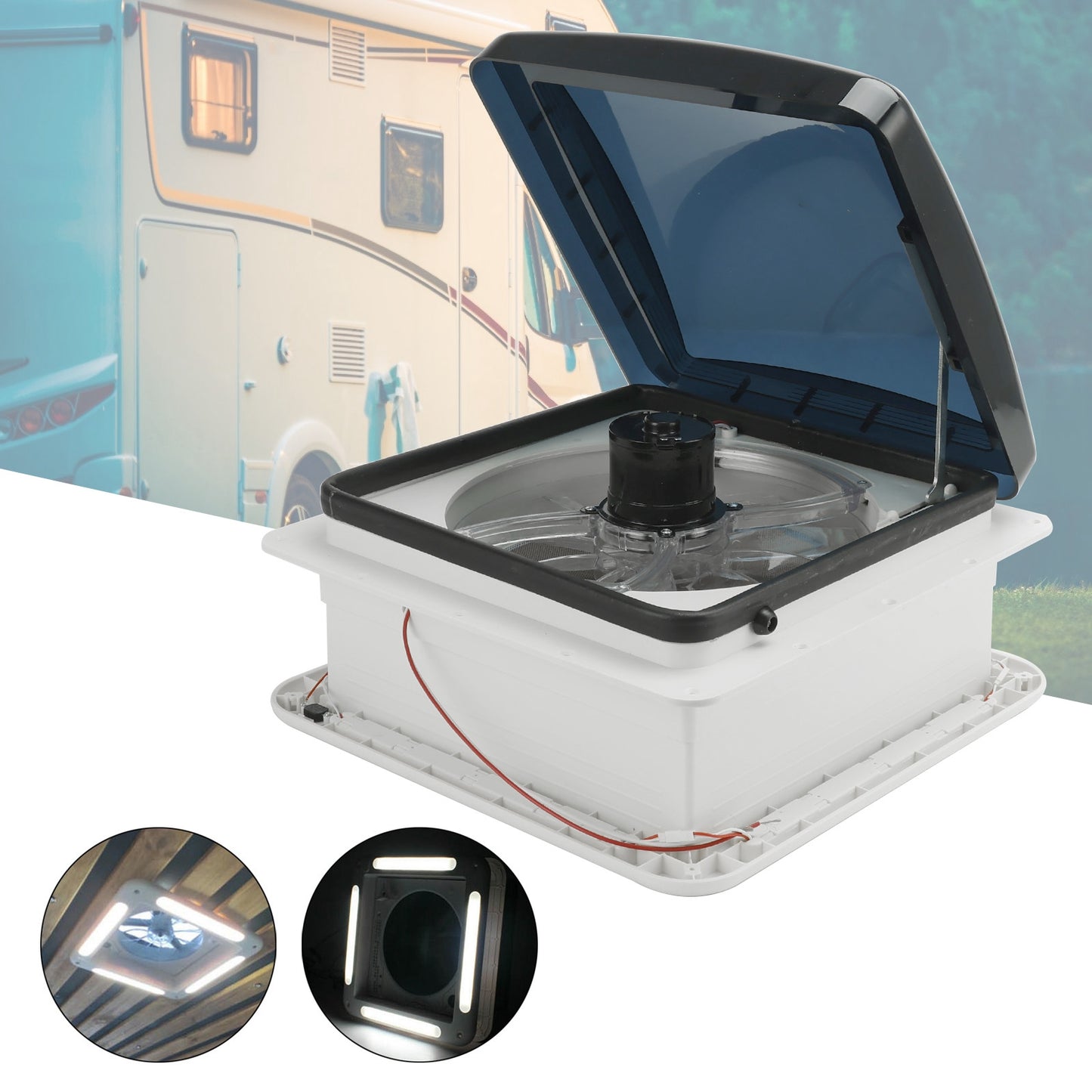 Ventilatore da tetto per camper da 14 pollici, motore a 3 velocità, lucernario da 12 V con luce a LED