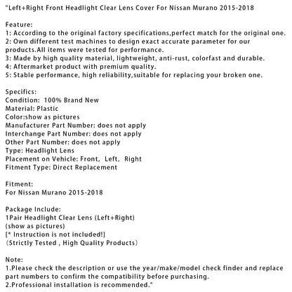 Copri-lente trasparente per faro anteriore sinistro e destro Nissan Murano 2015-2018