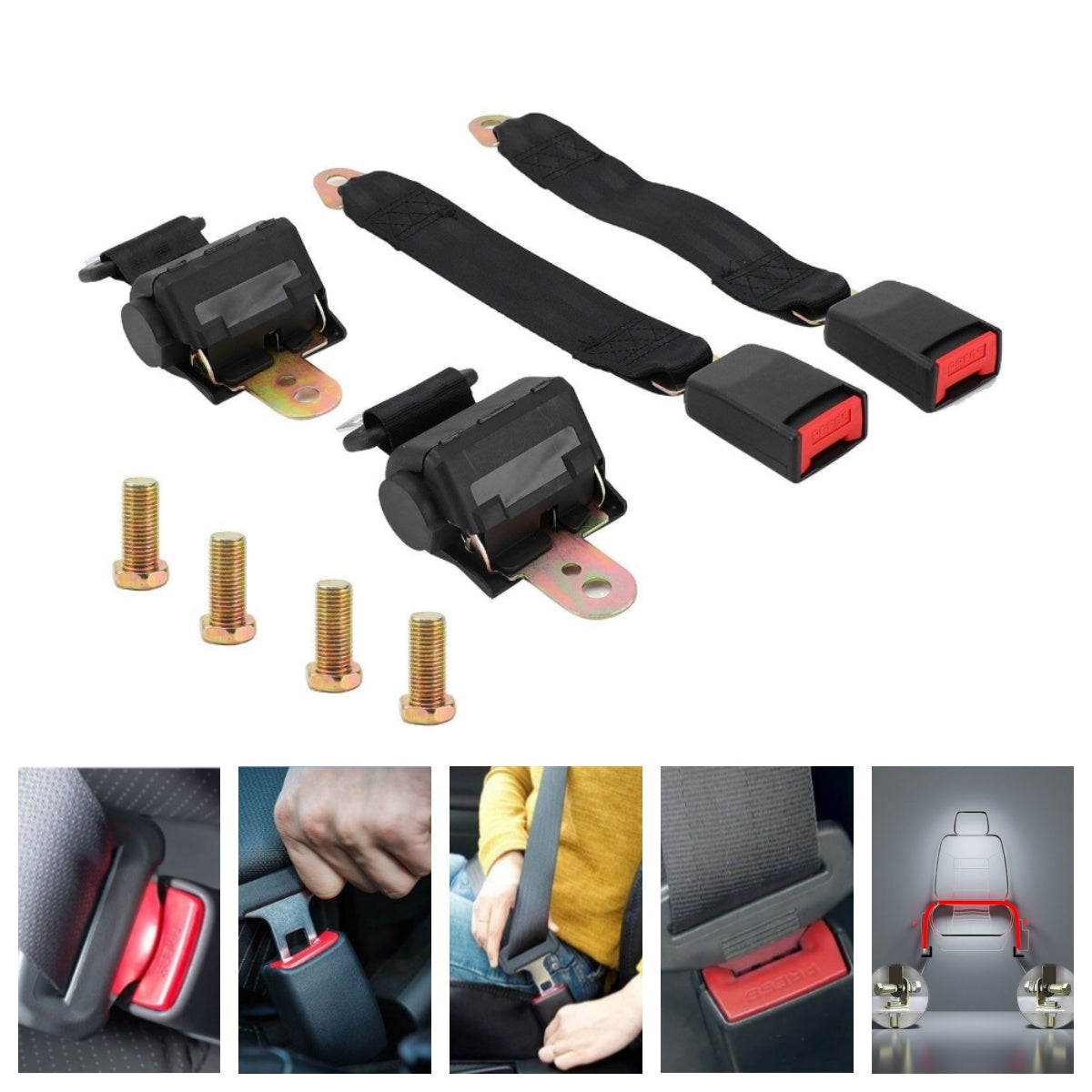 Set 2 Cinture di Sicurezza Auto Retrattili 2 Punti Universali Regolabili 120cm Nere
