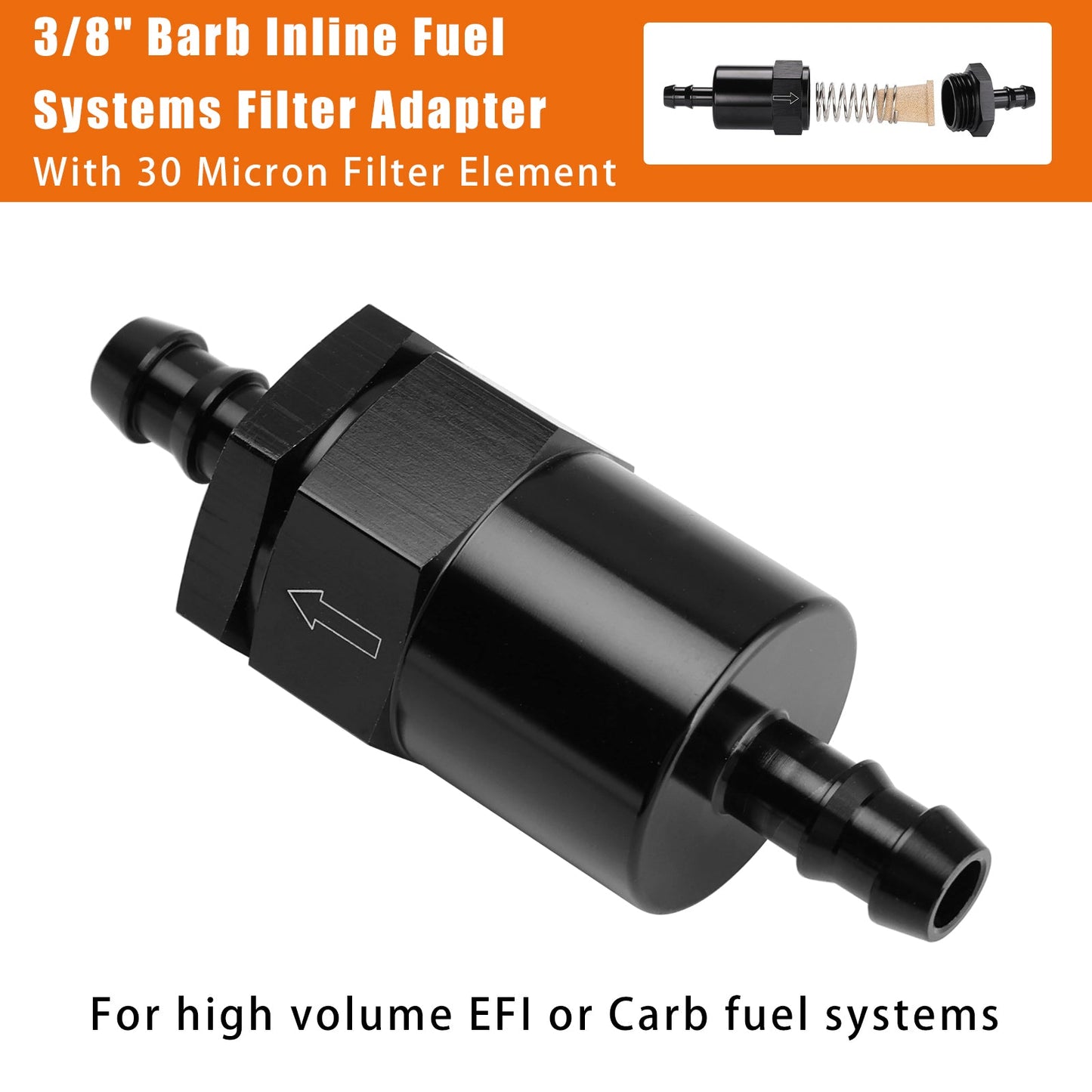 Adattatore per filtro per sistemi di alimentazione EFI in linea nero, attacco da 3/8"" con elemento filtrante da 30 micron