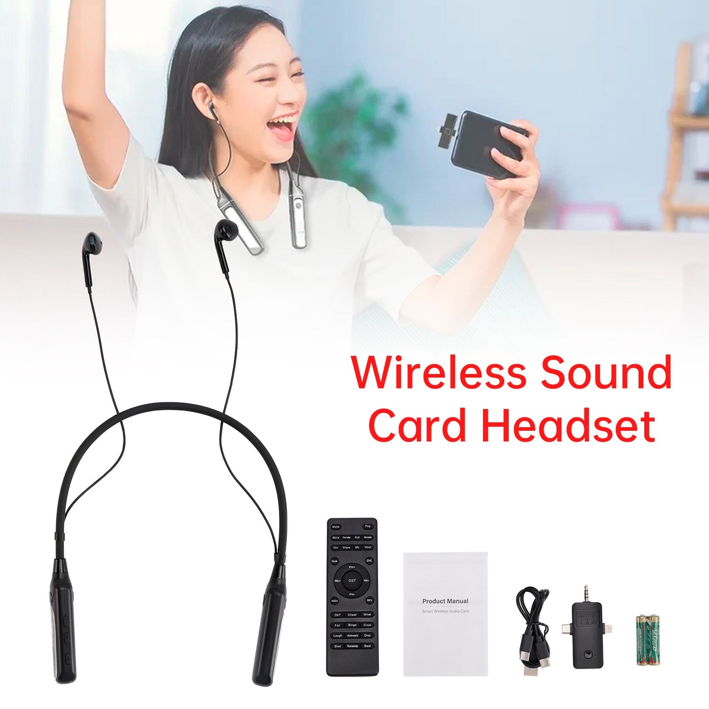 Scheda audio wireless, cuffie con archetto da collo e auricolari per streaming live per telefono, PC e TV
