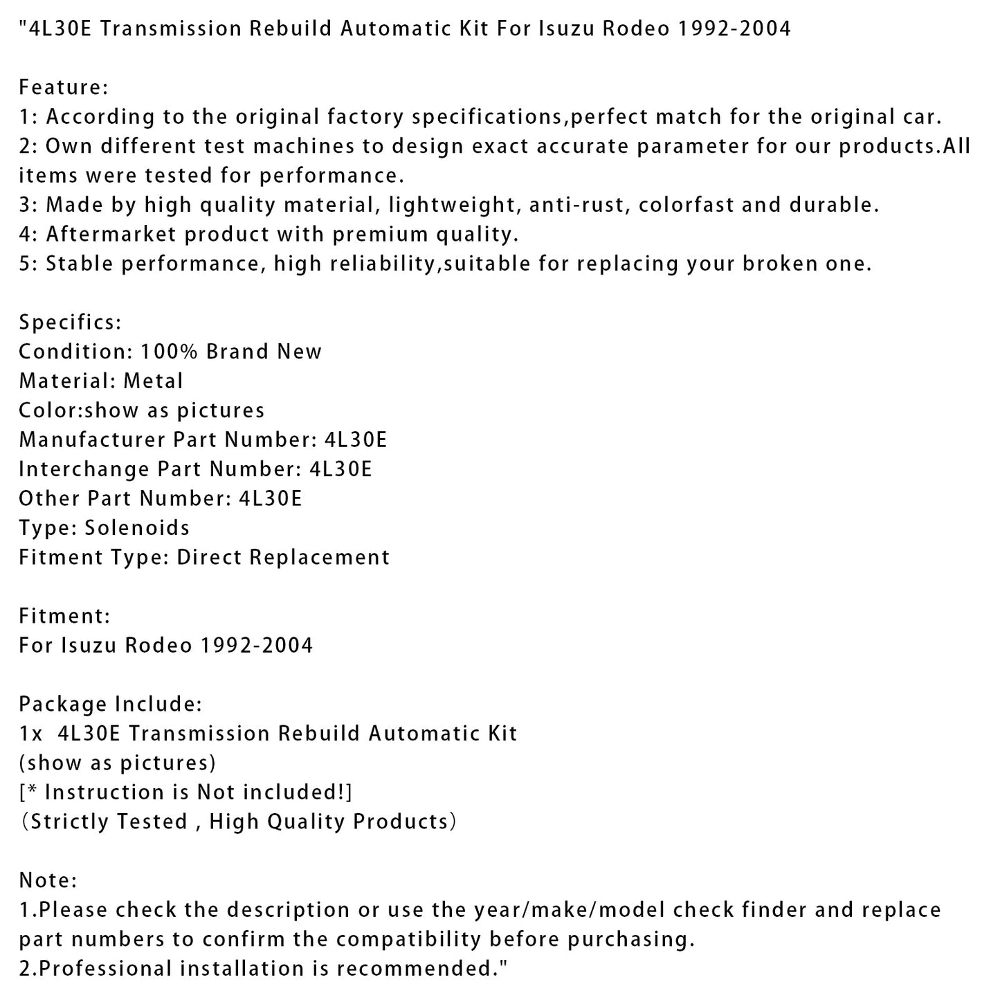 Kit di ricostruzione della trasmissione automatica Isuzu Rodeo 4L30E 1992-2004