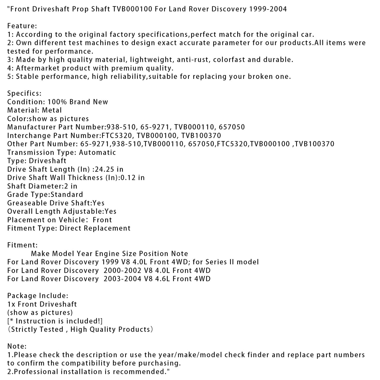 Land Rover Discovery V8 4.0L 2000-2002, albero di trasmissione anteriore 4WD, albero di trasmissione TVB000100