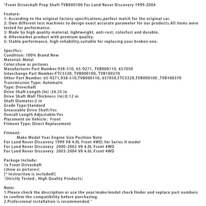 Land Rover Discovery V8 4.0L 2000-2002, albero di trasmissione anteriore 4WD, albero di trasmissione TVB000100