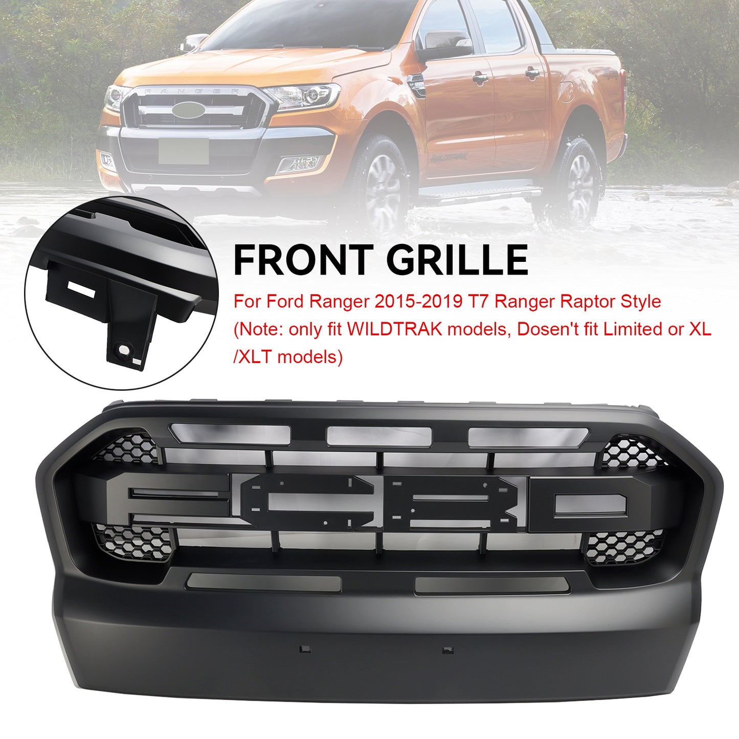 Matt Black Ranger Raccer Raptor Style Front Bumper Grill per Ford Ranger 2015-2019 T7