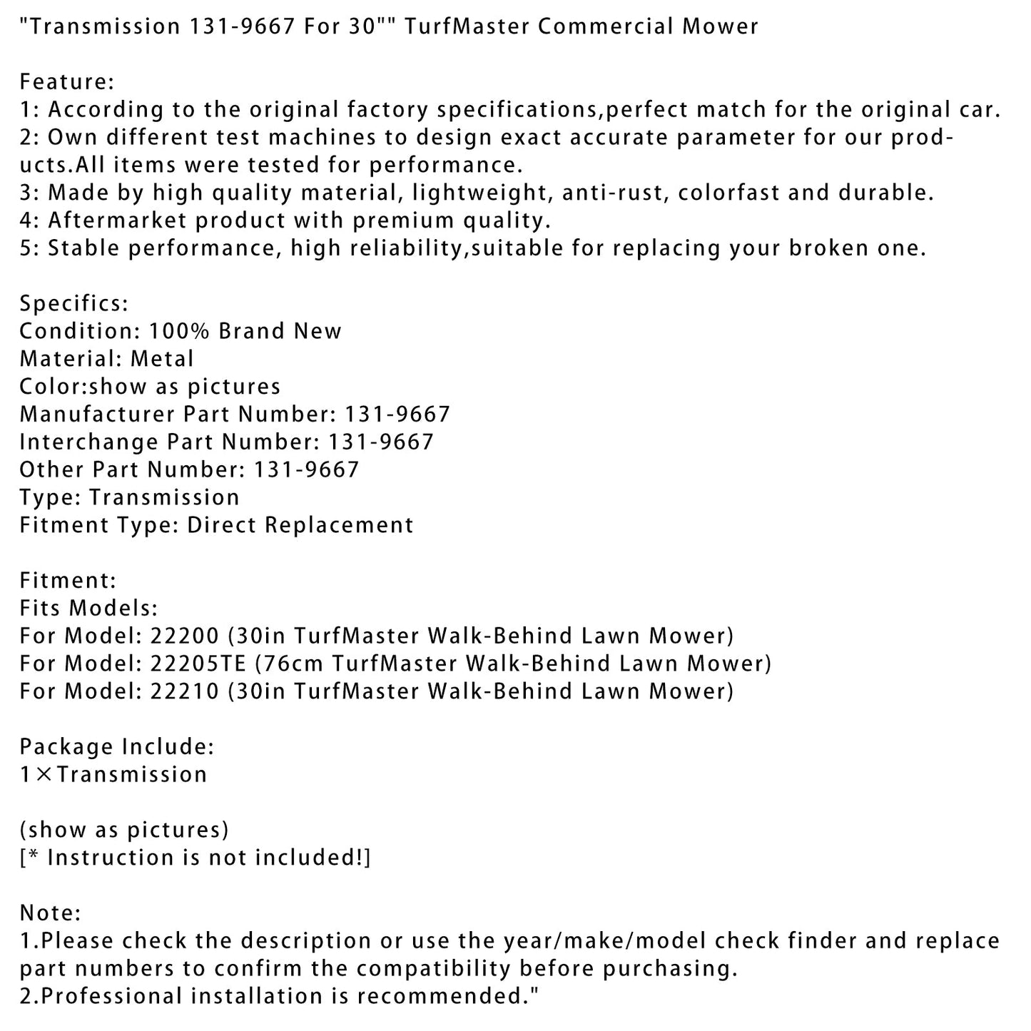 Trasmissione 131-9667 Per tosaerba commerciale TurfMaster da 30"".