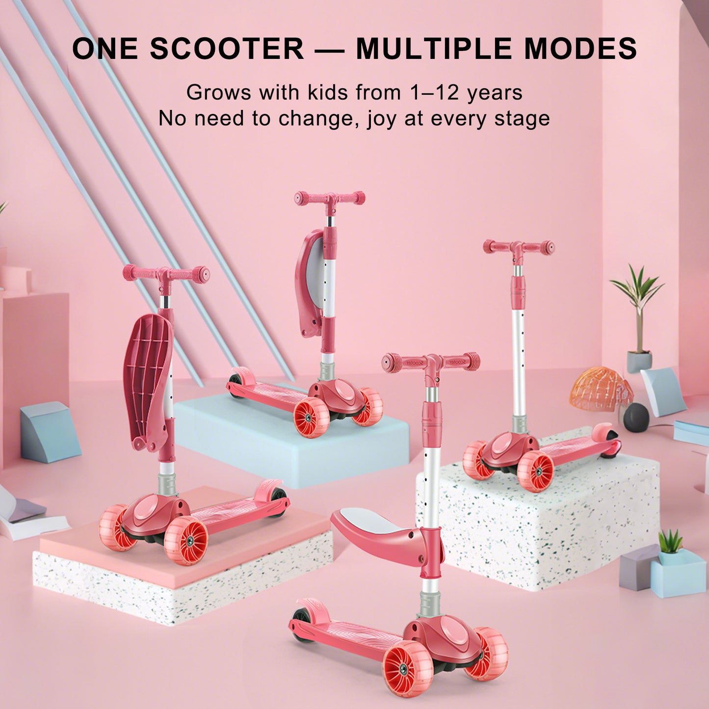 2-in-1 bambini scooter pieghevole seduta luce 3 ruote regolabile pieghevole barra blu/rosa