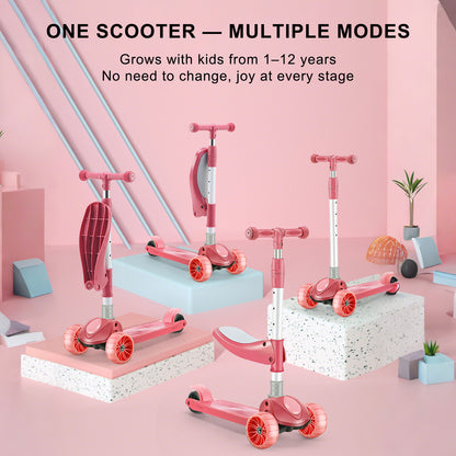 2-in-1 bambini scooter pieghevole seduta luce 3 ruote regolabile pieghevole barra blu/rosa