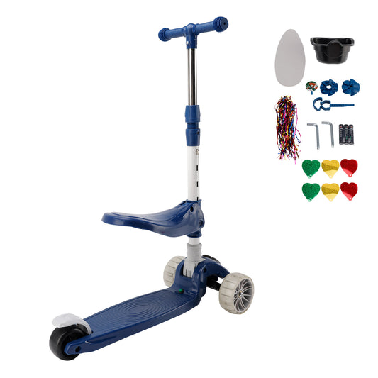 2-in-1 bambini scooter pieghevole seduta luce 3 ruote regolabile pieghevole barra blu