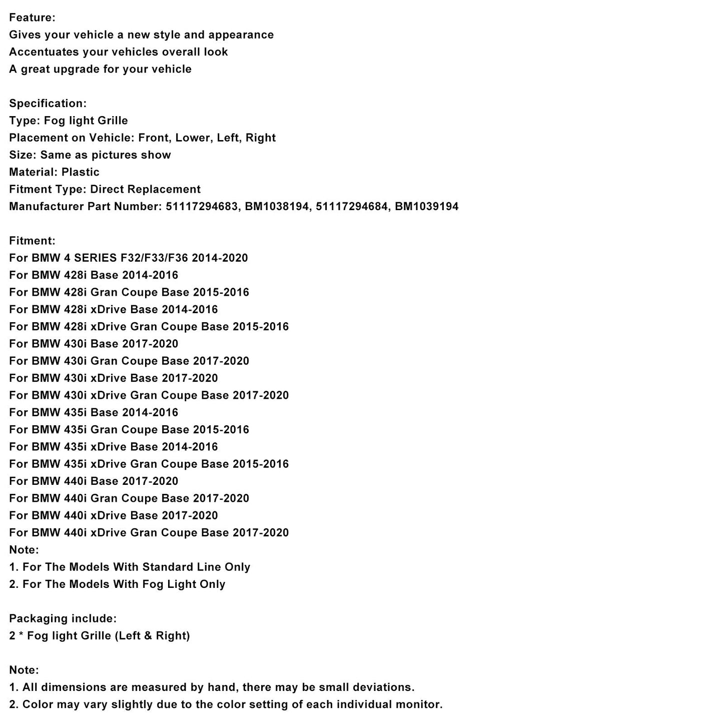 Griglia di copertura per fendinebbia, adatta per BMW SERIE 4 F32 428i 2014-2020