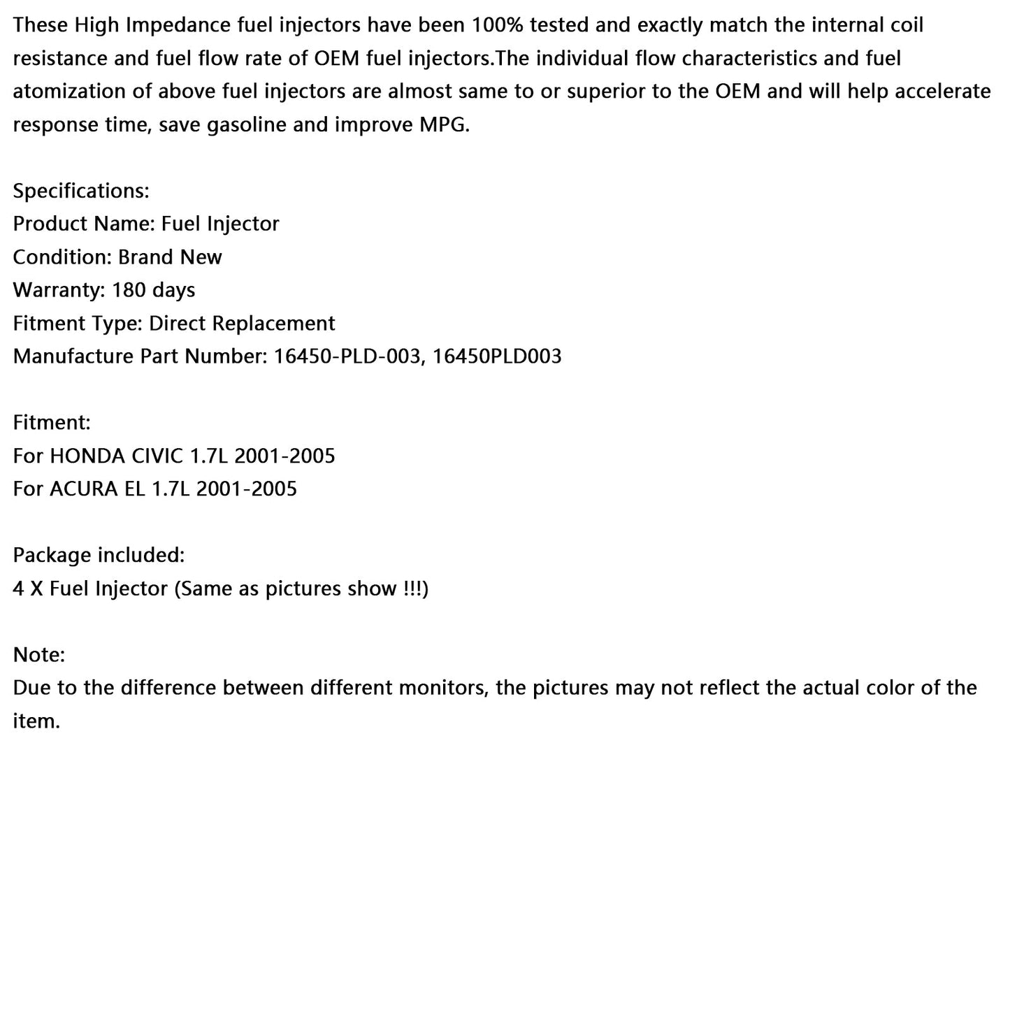 Iniettore di carburante 4 pezzi Honda Civic 1.7L 2001-2005 16450-PLD-003 compatibile con ACURA EL