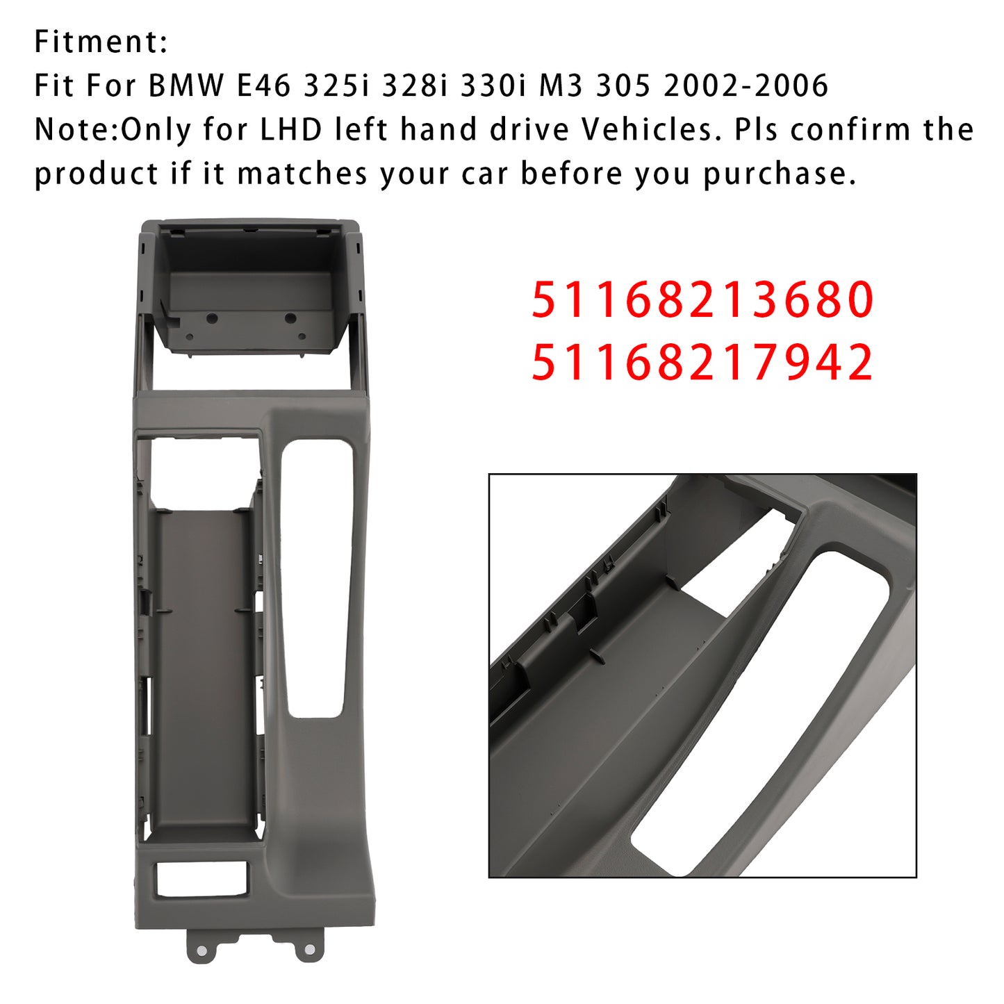Base per bracciolo della console centrale grigia BMW E46 325i 328i 2002-2006 51168213680