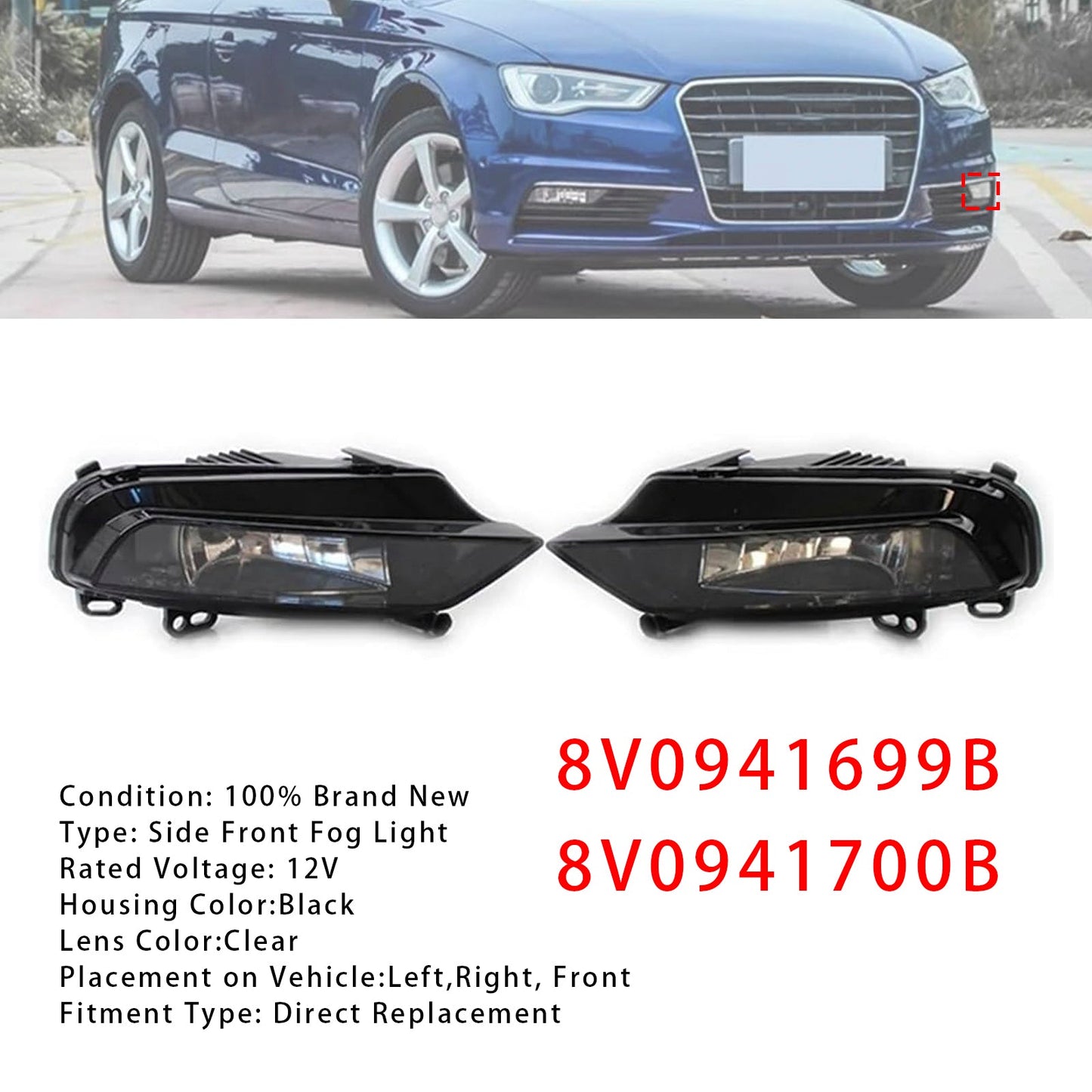 Coppia di fari fendinebbia anteriori con lampadine per Audi A3 Berlina 2015-2016 8V0941699B