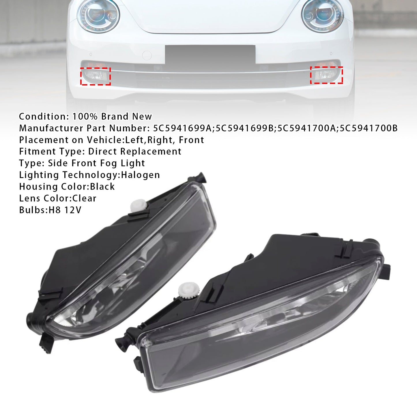 Coppia di fendinebbia anteriori per VW Beetle 2012-2016 con lampadine 5C5941700A