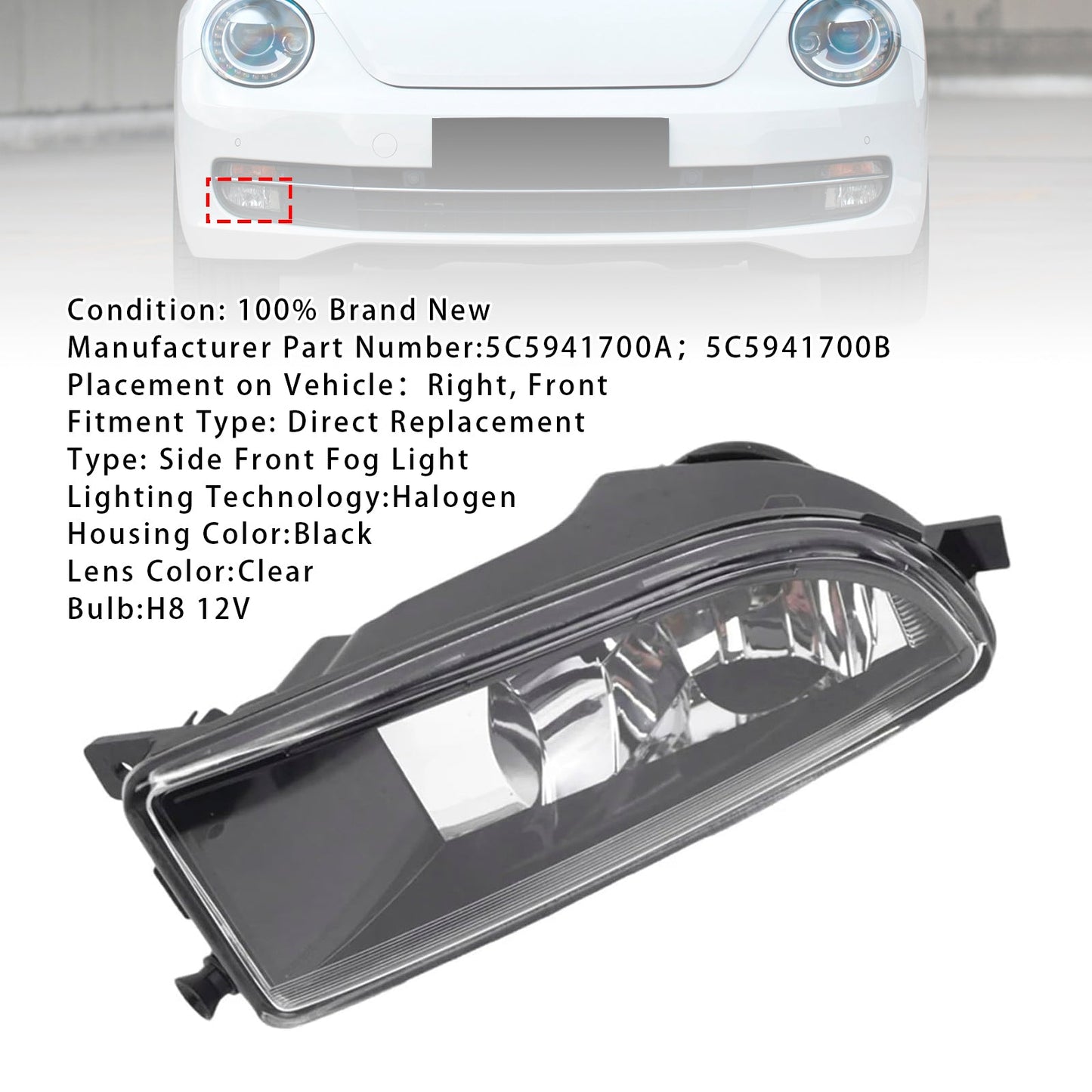 VW Maggiolino 2012-2016, 1 pezzo, paraurti anteriore destro, fendinebbia con lampadina 5C5941700A