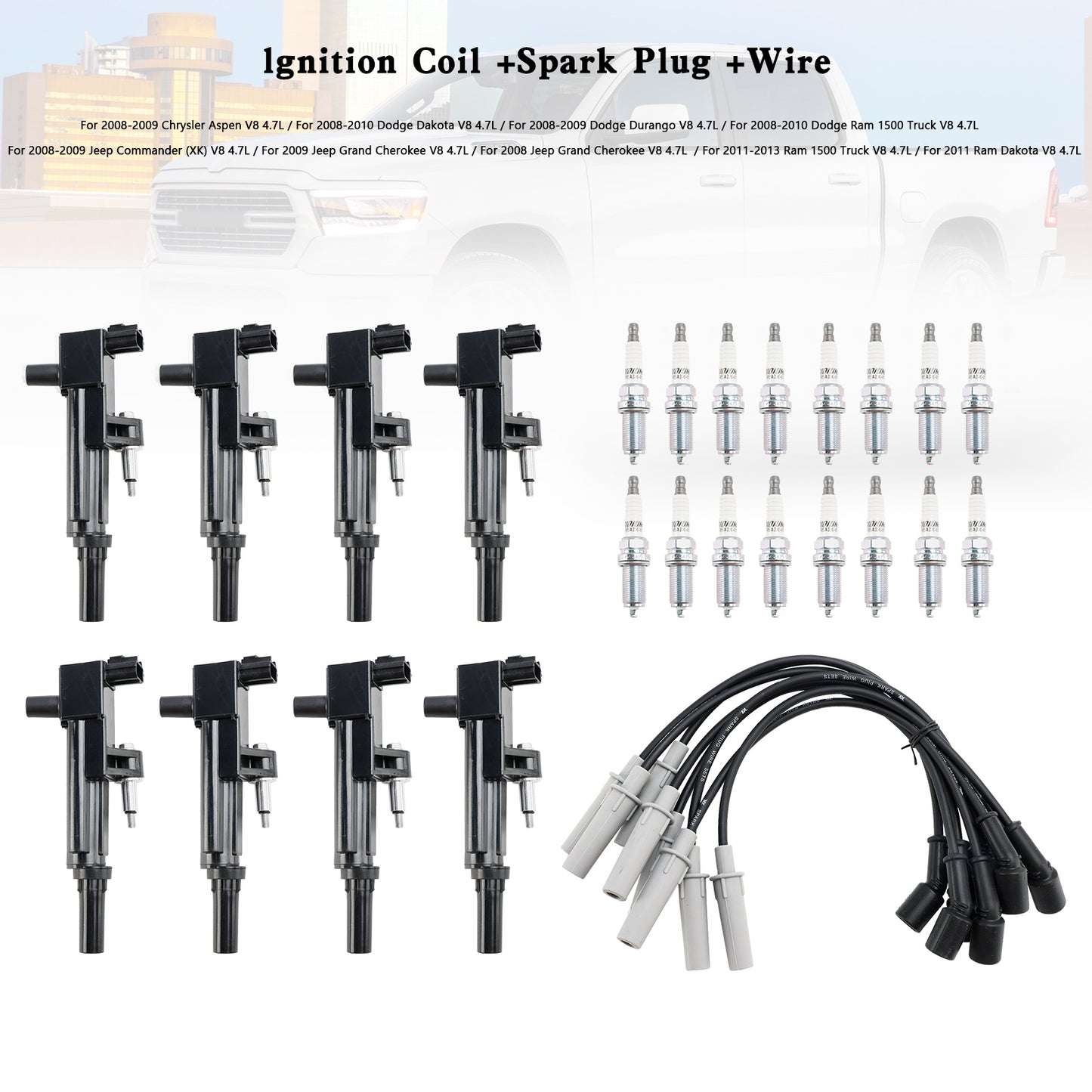 2008-2009 Chrysler Aspen Dodge Durango Jeep Commander (XK) V8 4.7L 8X Bobina di accensione + Candela + Cavo UF601