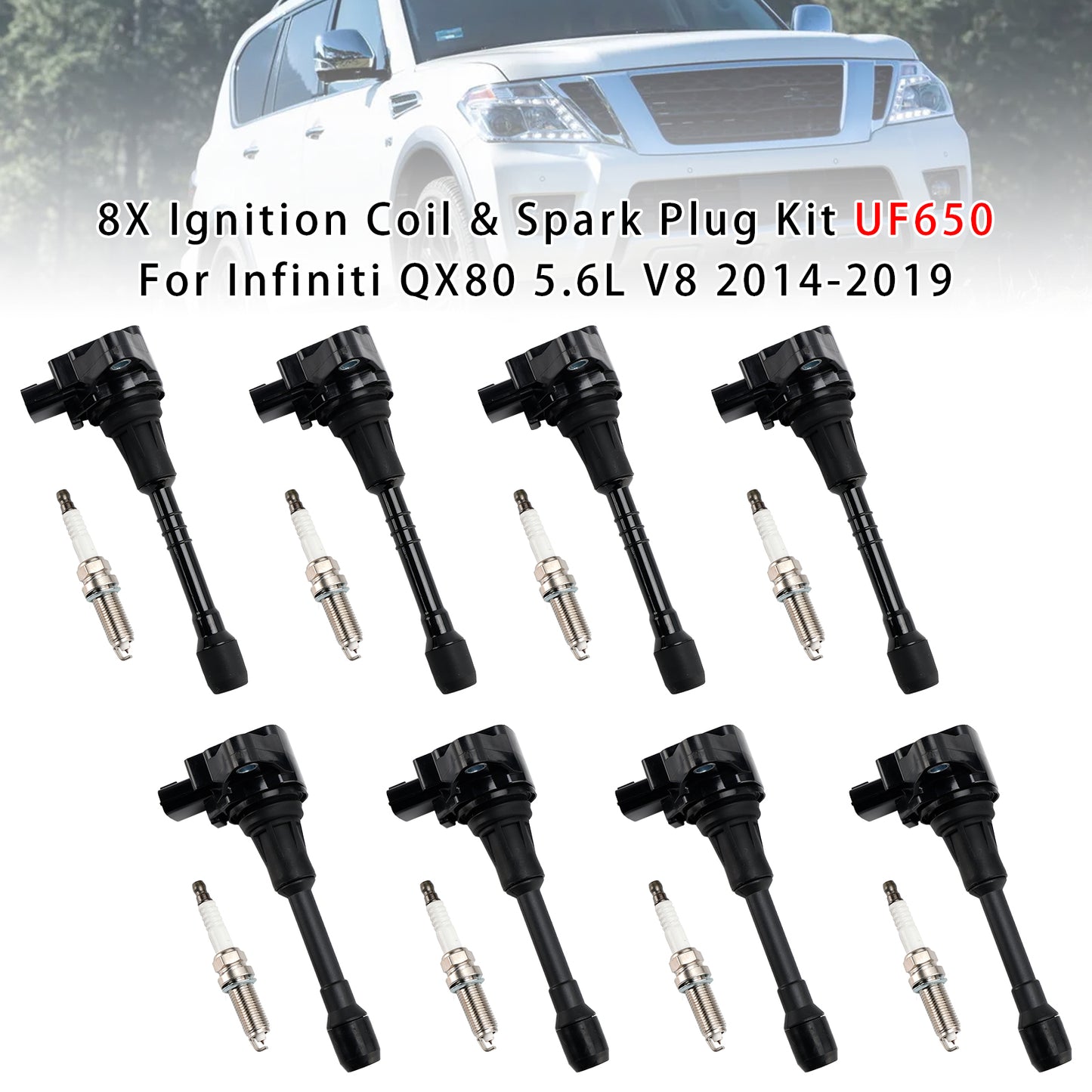 Kit bobina di accensione e candela UF650 per Nissan Armada V8 5.6L Front Bank 8X 2017-2019